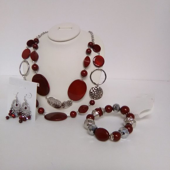 3 Piece Red & Silver  Necklace, Earring, Bracelet Set NWT - Picture 3 of 8